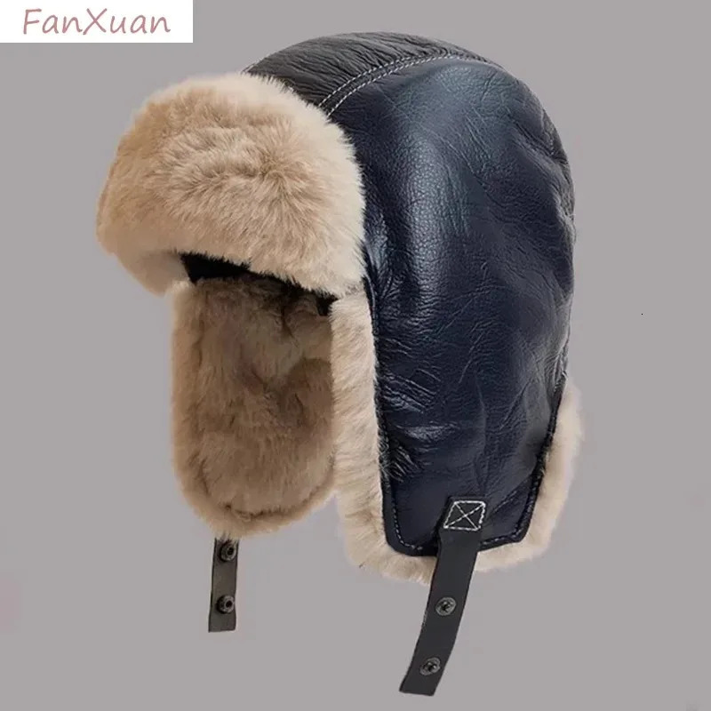 Winter mens pilot bomber trap hat artificial fur soft leather snow hat windproof Lei Feng hat with ear flaps 241220