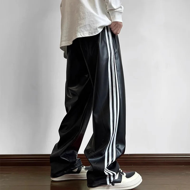 Side Stripe Leather Pant Men Women Streetwear Fashion Loose Casual Hip Hop Vintage Straight PU Leather Pants Cargo Trousers 241216