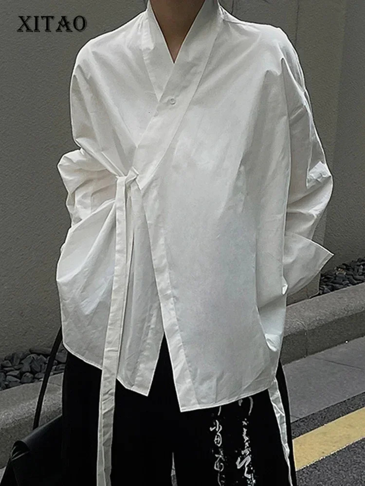 XITAO Solid Belt Shirts Woman Korea Spring Arrival Personality Fashion Loose Vneck Full Sleeve Casual FBB1679 241218