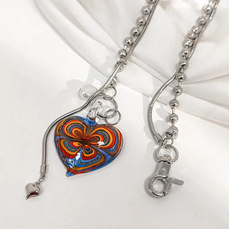 Style Vintage Colored Glaze Heart Pendant Necklace Female Painted Heart Round Bead Chain Clavicle Chain Trendy Jewelry 241220