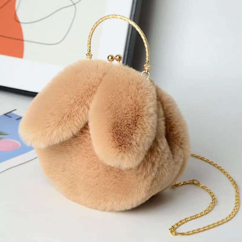 Plush shoulder for women's handheld crossbody chain mobile phone versatile and fashionable small round bag, rabbit ear clip buckle bag