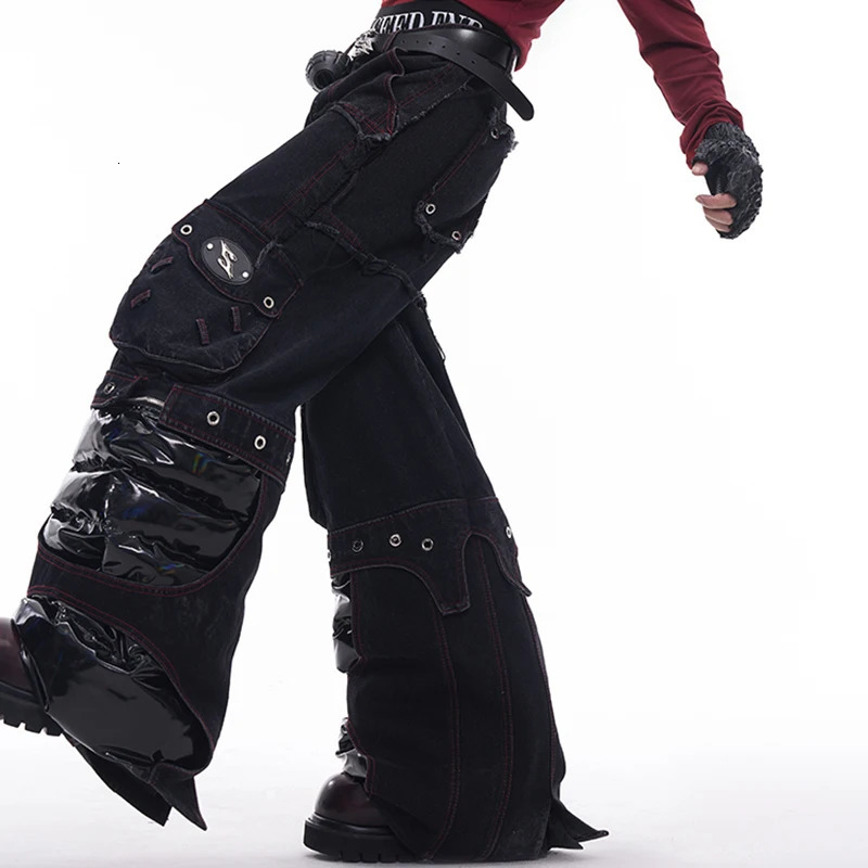 FEWQ Pants Leg Splicing PU Leather Mens Jeans Autumn Winter Straight Legs Darkwear Korea Fashion Male Trousers 24E5611 241219