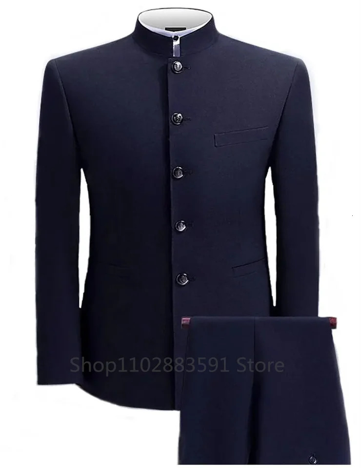 XS5XL Formal Mens Busines 2 Pieces BlazerPants Stand Lapel Pants 2024 Jacket Flat Suit Slim Fit Coat Groomsmen Party 241220
