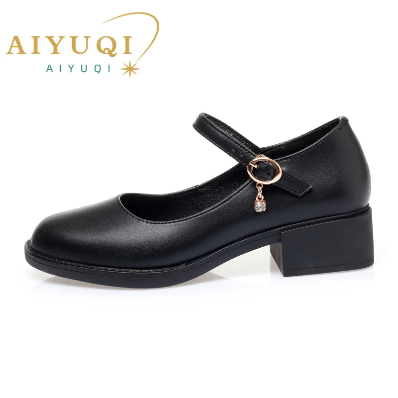 AIYUQI Women's Shoes Genuine Leather Mid-heel Mary Jane Shoes Women Shiny Fashion Large Size Ladies Office Shoes