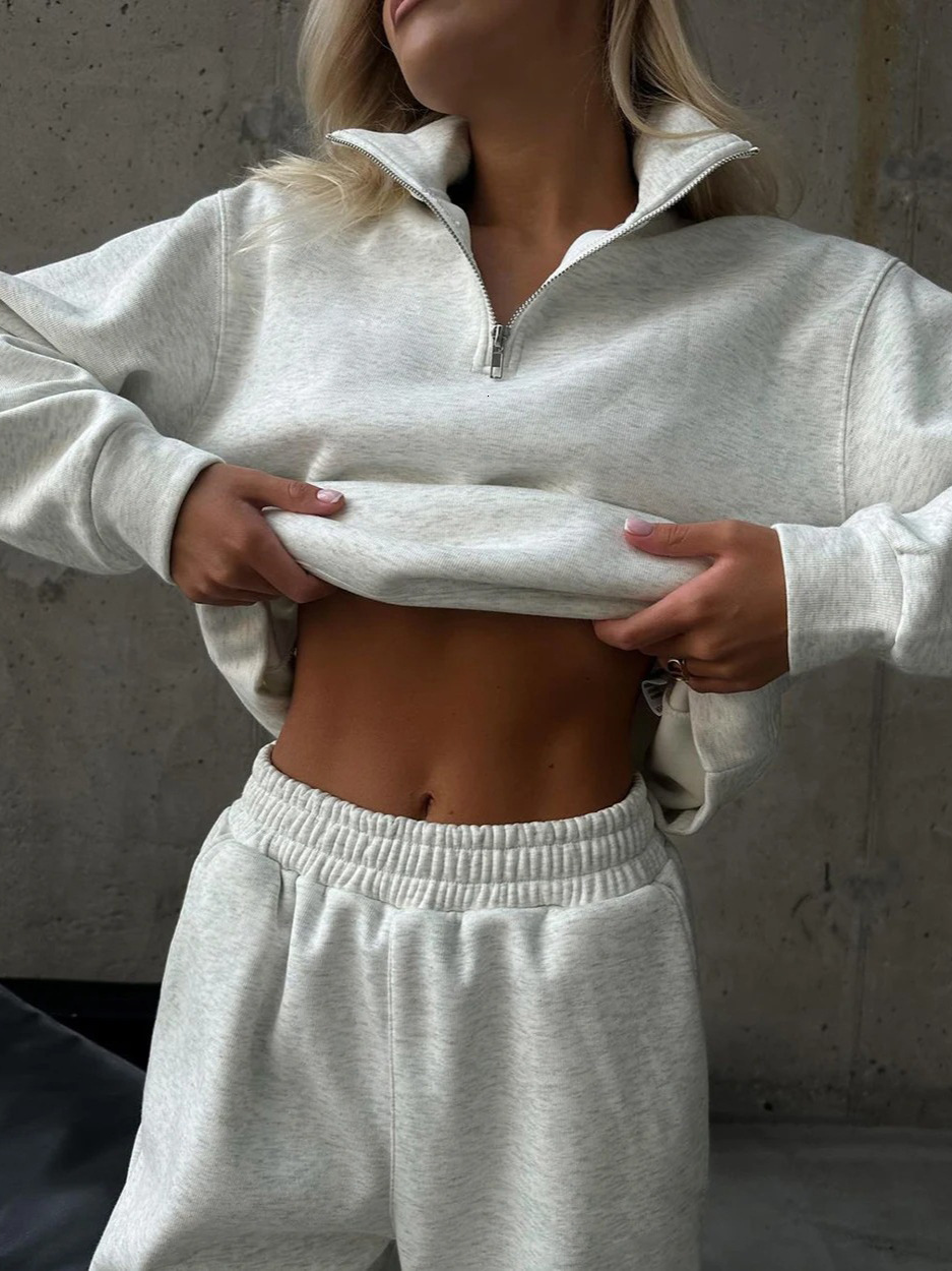 Autumn Women's Tracksuit With Zipper Cotton Oversize White Casual Two Piece Set Classic Sports Trouser Suits For Women