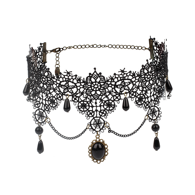 Gothic Black Lace Necklace Women Girl Boho Crystal Tassel Sexy Lace Choker Dark Jewelry Multi-Layer Fringe Lace Choker Necklace - Gothic Lolita Vintag