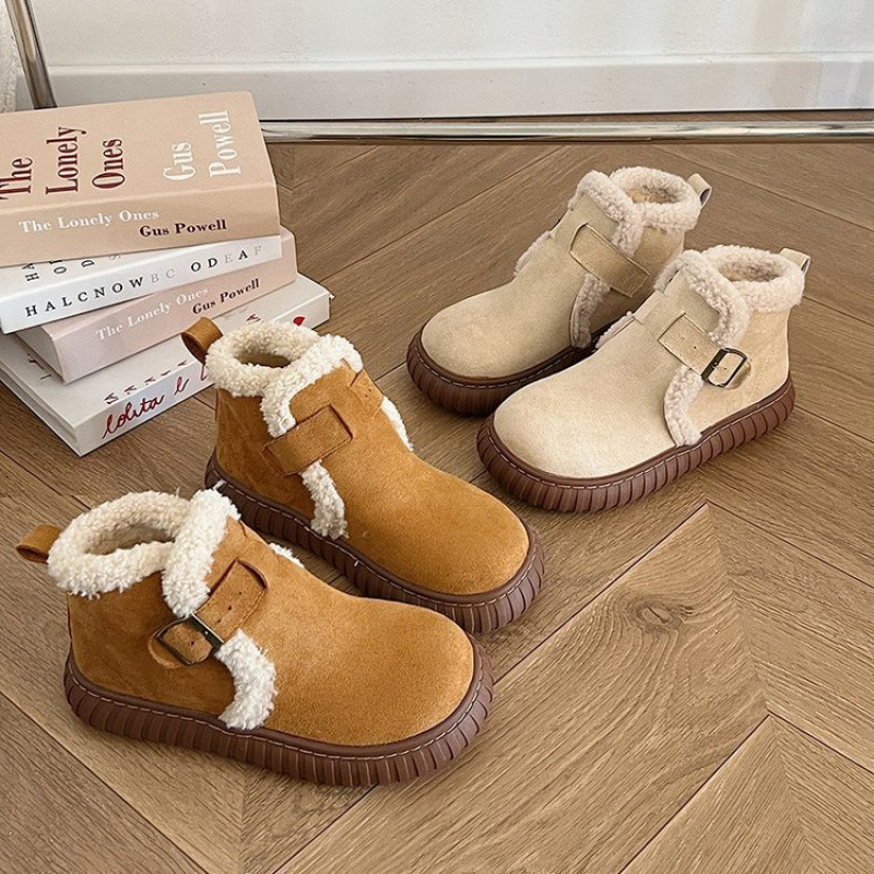 Brown snow boots for women's autumn and winter Bocken shoes with plush and thick fur, round toe thick sole, warm short cotton boots