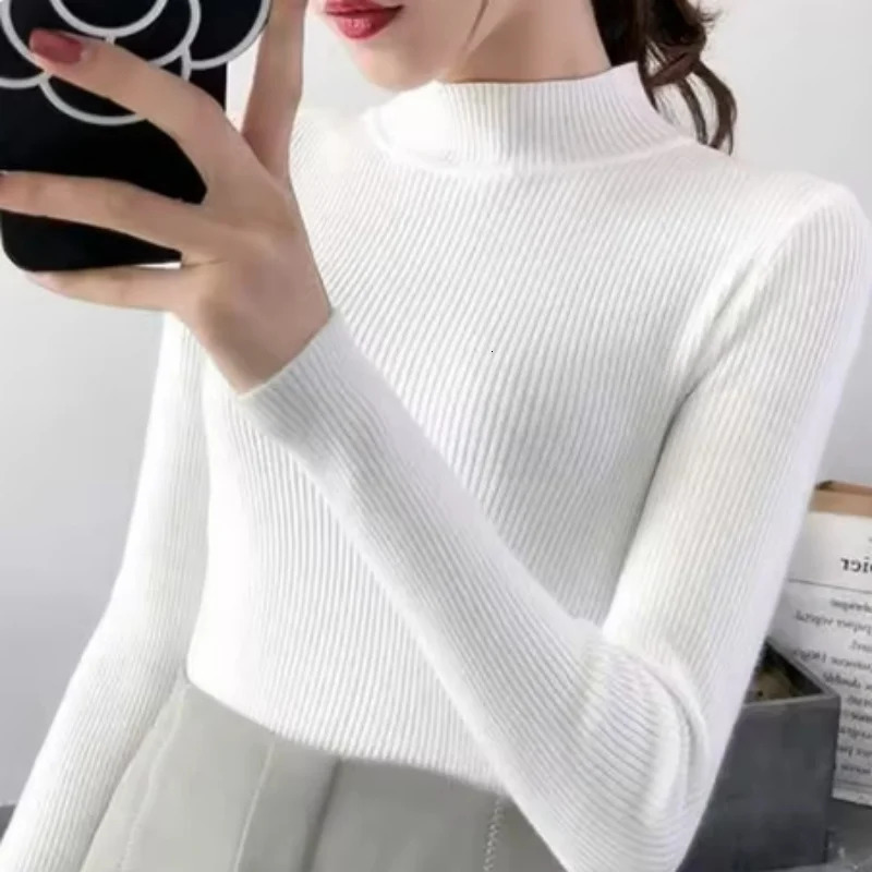 Autumn Winter Mock Neck Women Sweater Vintage Basic Solid Knitted Tops Casual Slim Pullover Korean Sweaters Simple Chic Jumpers 241217