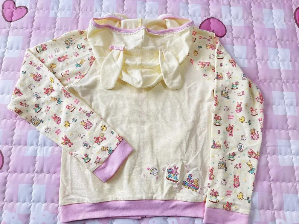 Japanese Y2k Aesthetic Embroidery Kawaii Hoodie Rabbit Ear Hooded Jacket Cartoon Print Sweatshirt Harajuku Contrast Tops 241220