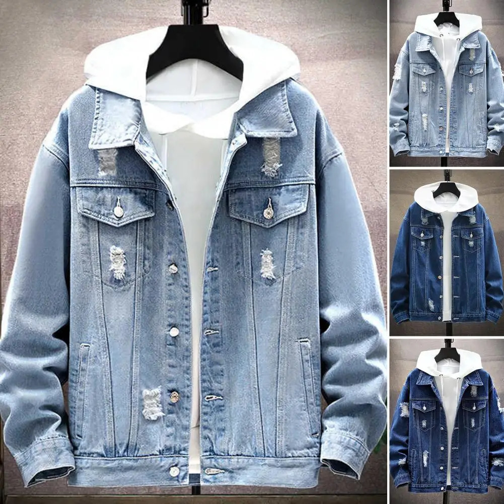 Hip Hop Mens Hooded Jean Jackets Male Casual Outerwear Autumn Winter Fashion Slim Fit Coat Men Denim Jacket Streetwear 241216