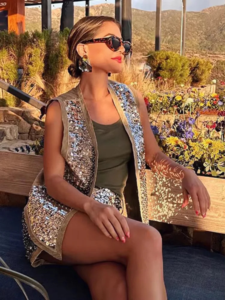 TRAF 2024 Sequin Open Vests for Women Glitter Sleeveless Vest Woman Summer Waistcoat Top Fashion Lady 241220