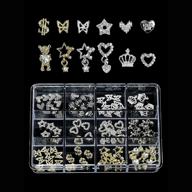 3D Nail Art Rhinestones 12Grids Metal Alloy AB Color Hearts Stars Butterfly Crowns Nail Charms DIY Manicure Decoration Accessori 241220