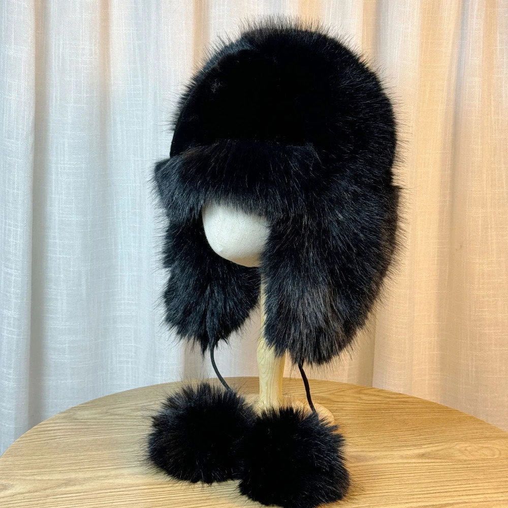 Womens faux mink fur plush hat for winter warmth plus velvet thick pilot hat for outdoor skiing ear protection hat Leifeng hat 241220