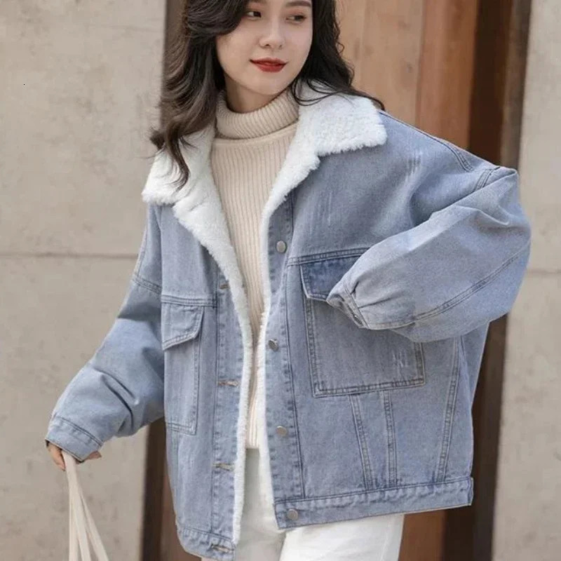 Outerwear Wool Inside Plain Warm Blue Denim Jacket for Women with Fur Plush Woman Jean Coat Winter Cold Padded Korean Outer 241220