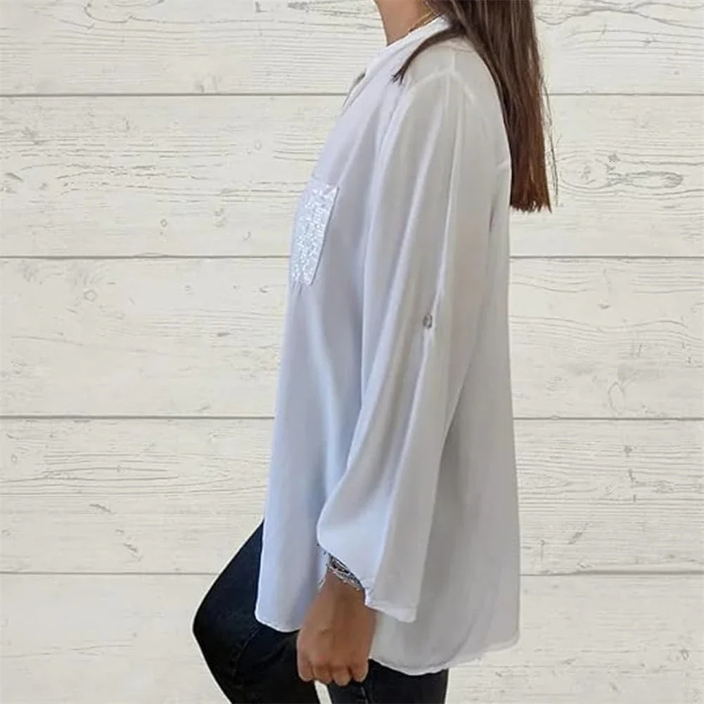 Sequin Vneck Midsleeve Casual ShirtsWomen Summer Blouses Loose Collar Button Solid Color Sun Protection Pocket Shirt 241218