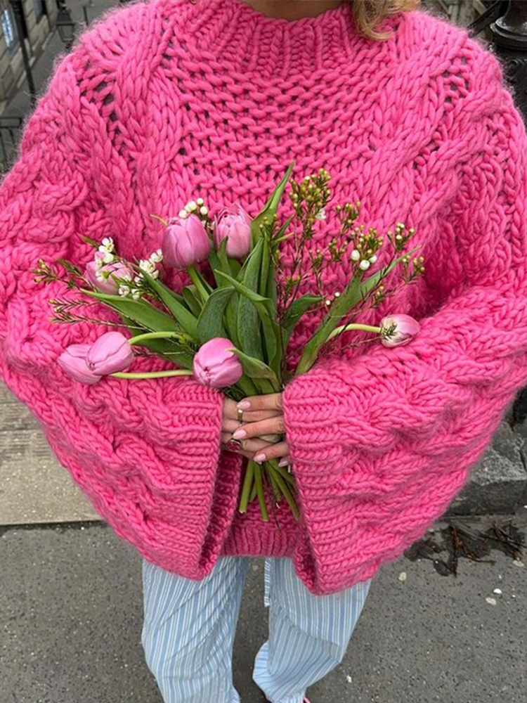 Loose Knitted Women's Sweater High Neck Wide Long Sleeve Female Knitwear Tops 2024 Autumn Winter Fashion Oversized Lady Pullover