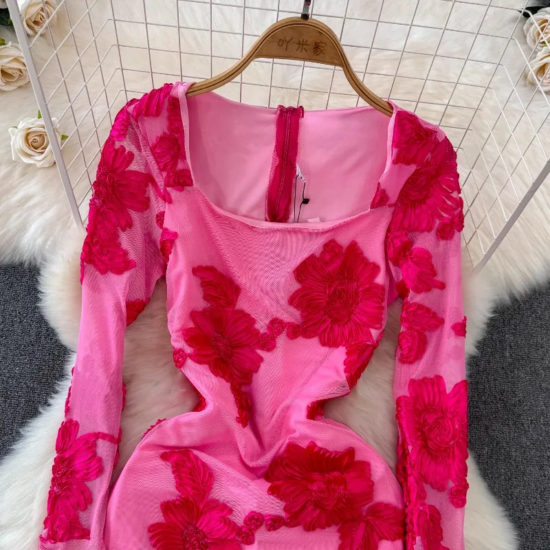 Basic Casual Dresses High Street Dresses Women Square Collar Luxury Socialite Style Bodycon Dress Embroidered Floral Slim Medi Flared Sleeve Vestidos 