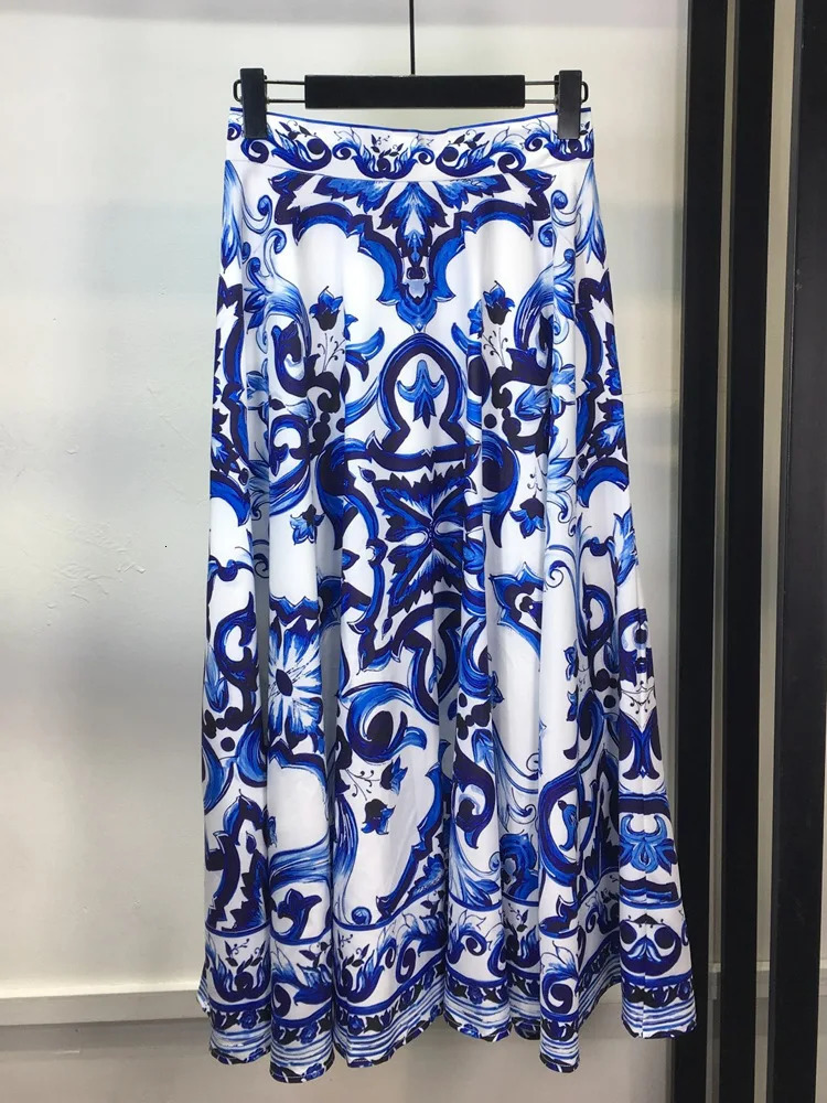 Summer Holiday Blue And White Porcelain Two Piece Set Womens Spaghetti Strap Padded Cup Zipper Print Short TopLong Skirt Suits 241219