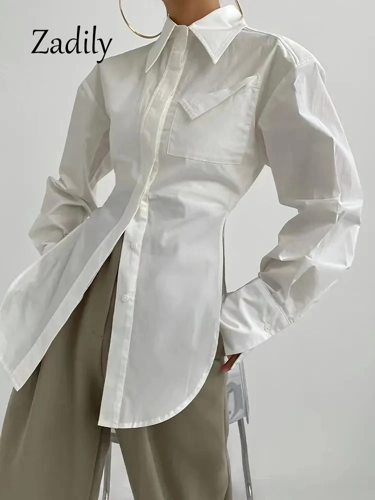 Zadily Summer In Streetwear Long Sleeve White Shirt Women Minimalist Pocket Button Up Ladies Tunic Blouse Female Tops 241218