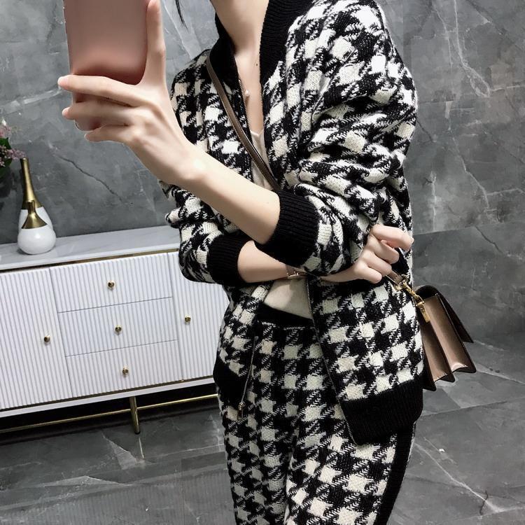 Spring Women Knit Sweatshirts Suit Knitted Tracksuit Houndstooth 2 Zipper Plaid Cardigan Coats Pants Two Piece Set