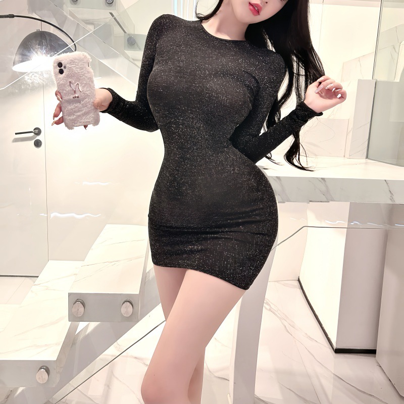 G9251 Shiny Silk Slim Fit Dress Hip-wrapped Long Sleeves