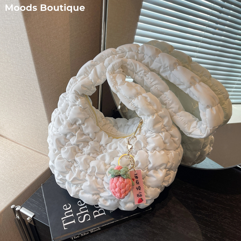 Plaid Quilted Fabric Shoulder Bags For Women 2023 Latest Ruched Cotton Bag Candy Colors Big Capacity Hobo Tote Bag With Pendant