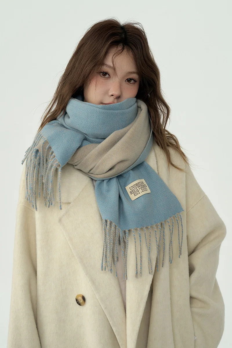 Solid Color Double-Side Cashmere Winter Women Scarf Korea Style Warm Shawl Outdoor Neckerchief Pashmina Tassel Lady 241220