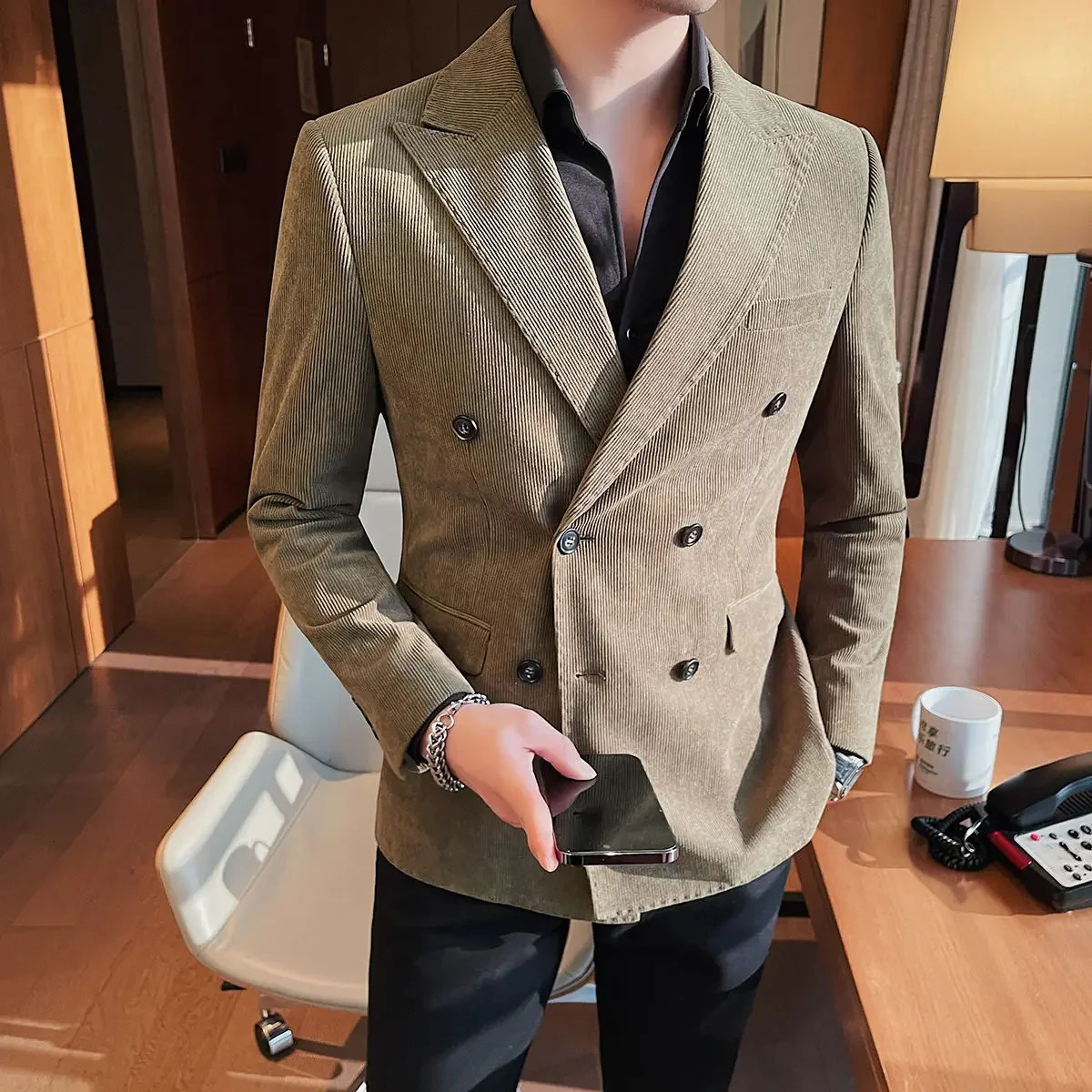 Man Corduroy Suits and Blazers Thin Jacket for Men Slim Fit Double Breasted Simple Single Models Classic Original Menswear Coats 241218