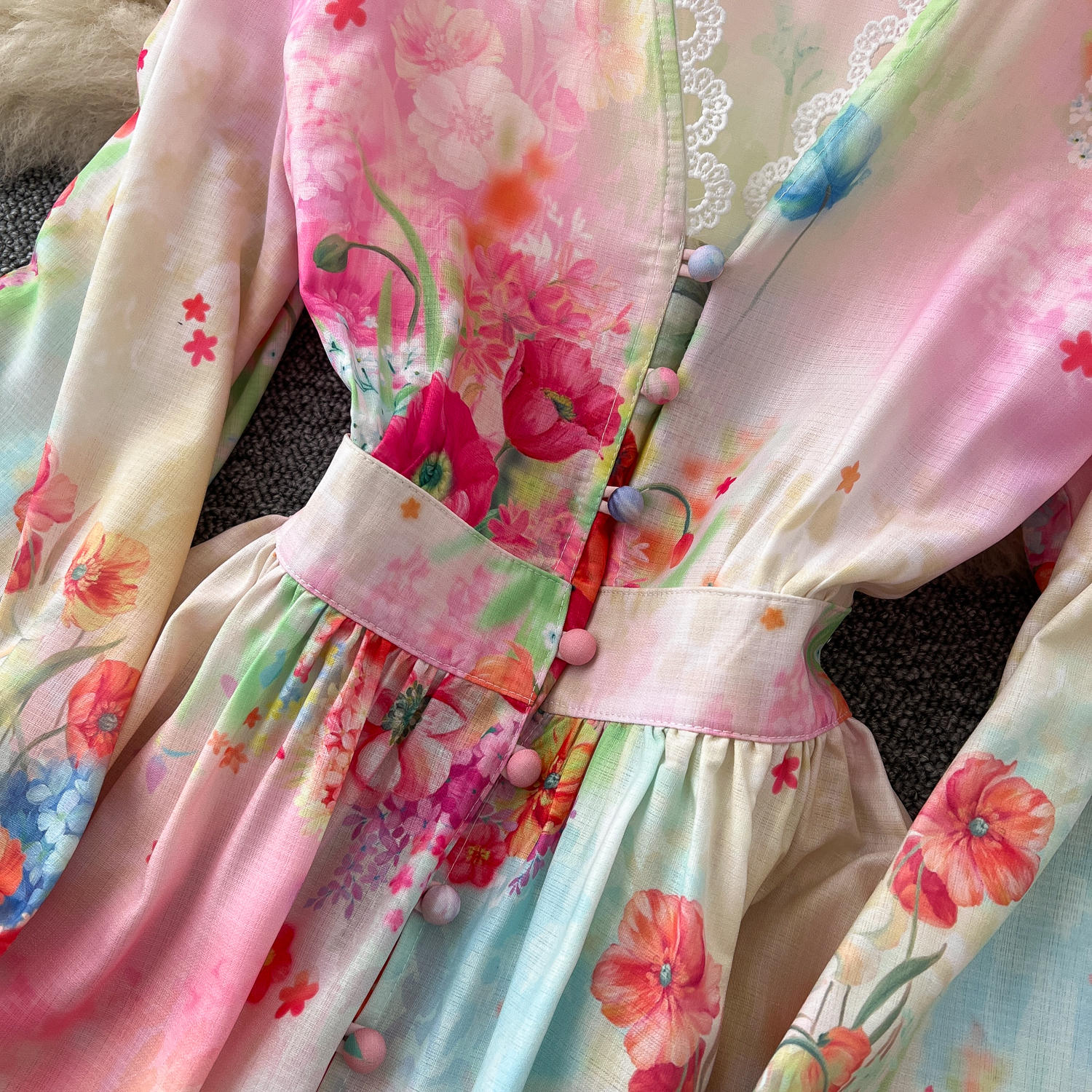 Casual Dresses 2025 Spring Summer Holiday Flower Robe Dress Women Lace Splicing V-Neck Long Lantern Sleeve Floral Print Maxi Vestidos Clothes