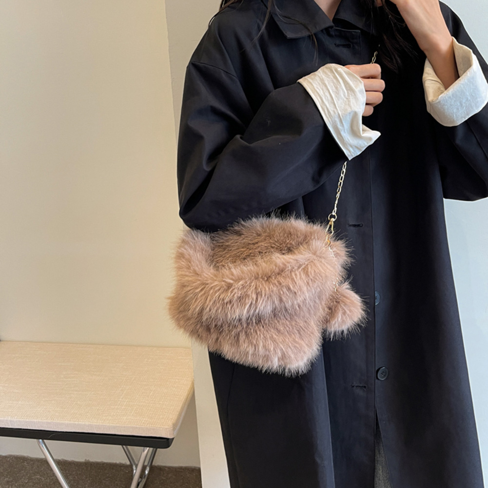 Women Fluffy Tote Bag Versatile Fuzzy Satchel Bag Fashion Chain Crossbody Bag Casual with Pom Poms Fall Winter Shopper Bag