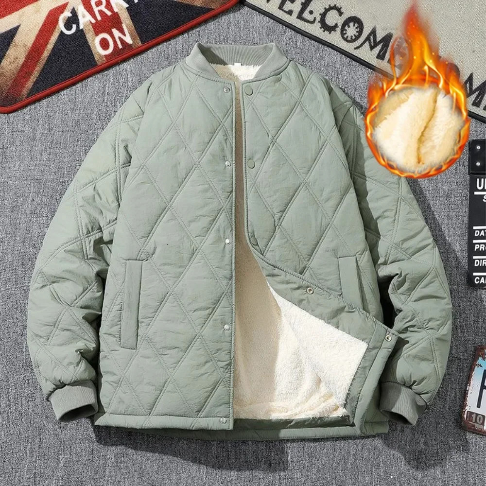 Men Winter Rhombus Cotton Padded Jacket Casual Thick Lambswool Lattice Streetwear Korean Coat Vintage Baseball Cold-proof Parka 241216