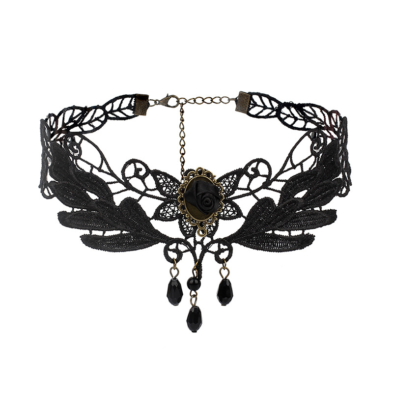 Gothic Black Lace Necklace Women Girl Boho Crystal Tassel Sexy Lace Choker Dark Jewelry Multi-Layer Fringe Lace Choker Necklace - Gothic Lolita Vintag