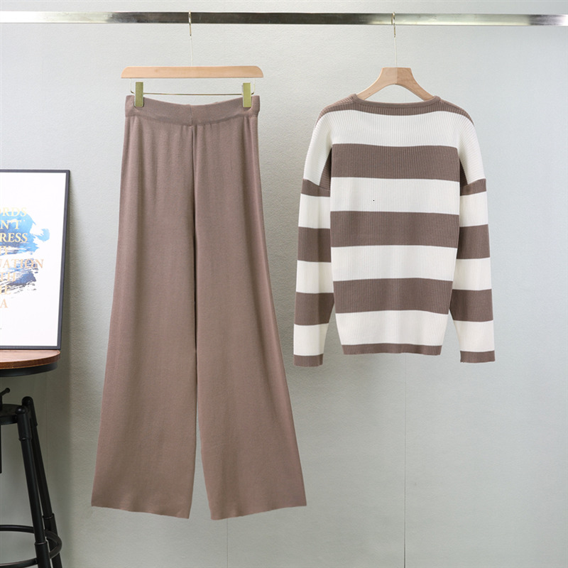 new Autumn New Retro Women Sweater Set Casual Pullovers Suits Striped Knitted Long Sleeve Elegance Tops Elastic Wide Leg Pant