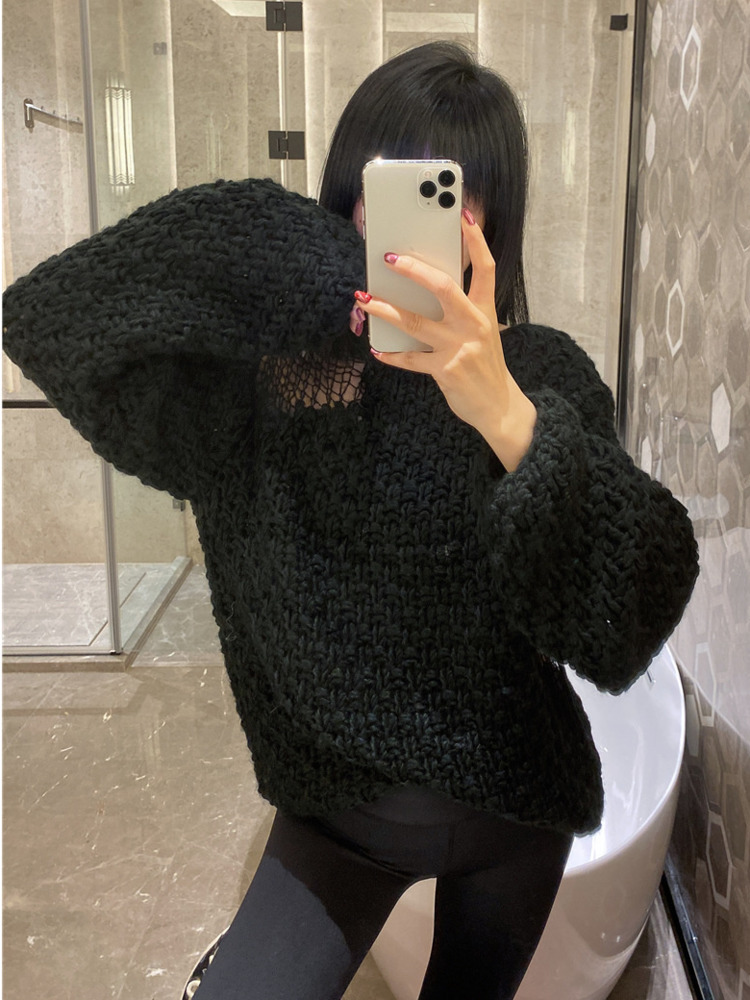 SHENGPALAE Fashion Chic Hollow Out Sweater Women's Autumn 2024 New Round Neck Loose Long Sleeve Knitted Pullovers Female 5E3541
