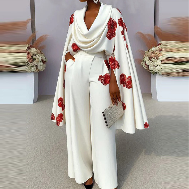 New Women's Pile Collar Top And Long Pants 2 Piece Sets Elegant Ral Print Pocket Outfits Fashion Pleated Commuting Suit