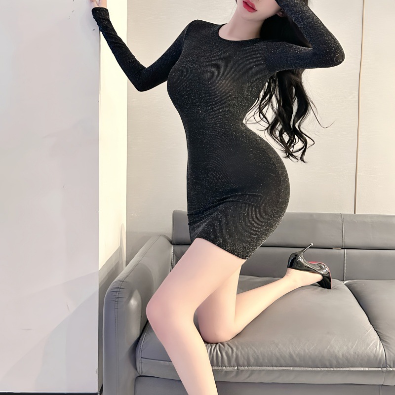 G9251 Shiny Silk Slim Fit Dress Hip-wrapped Long Sleeves