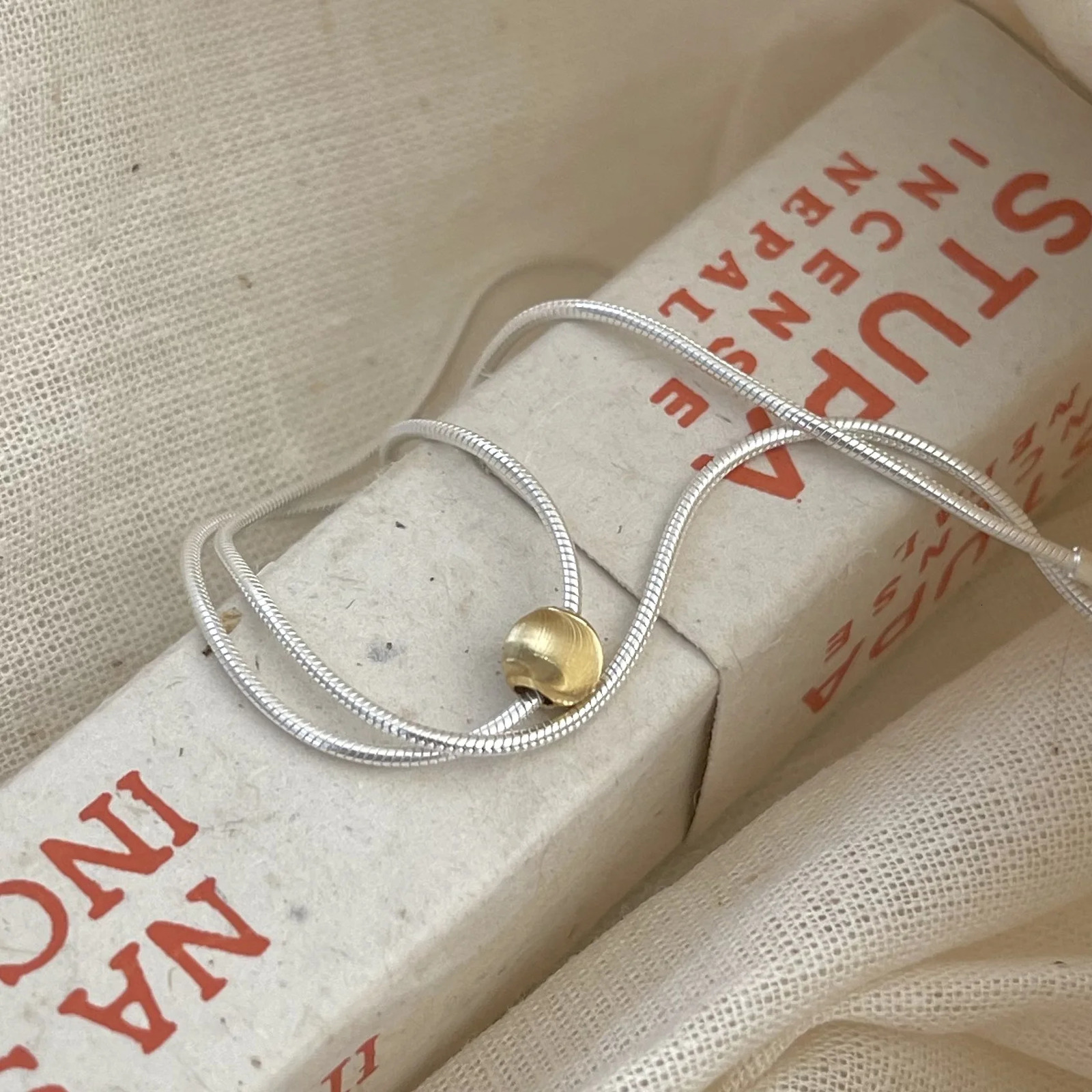 two-tone Original 18k gold Solid Real. 925 Sterling silver Lucky Circle Ball Pendant Snakebone Chain necklace C-B1156 241220