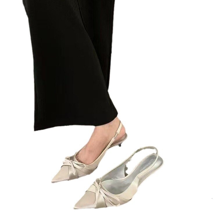 French pointed bow high heels for women, slim heels, 2024 new summer style, socialite, Baotou cool shoes