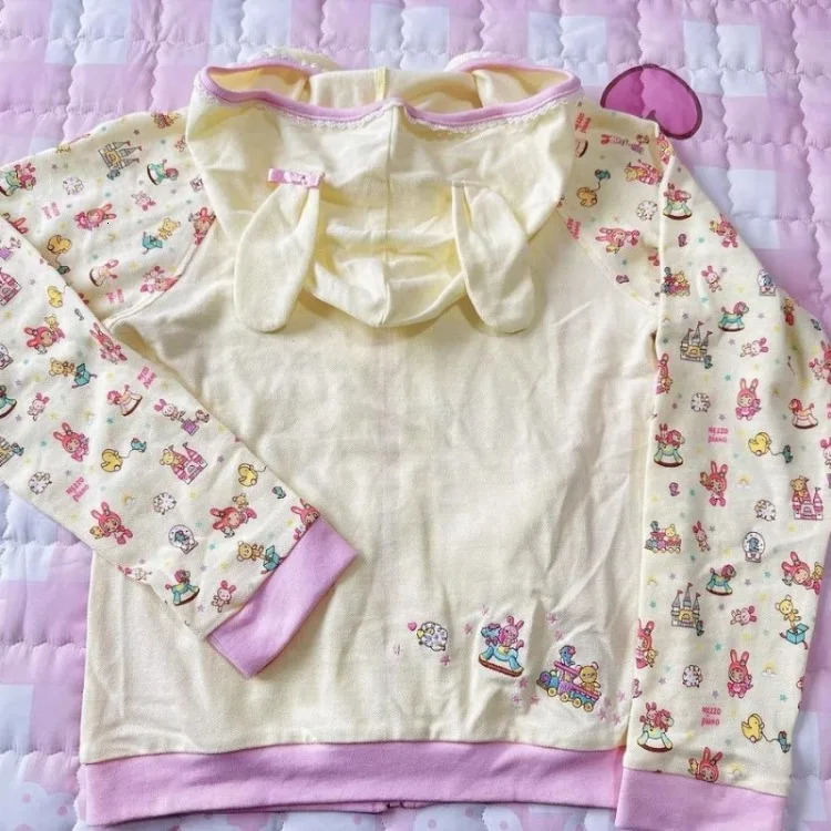 Japanese Y2k Aesthetic Embroidery Kawaii Hoodie Rabbit Ear Hooded Jacket Cartoon Print Sweatshirt Harajuku Contrast Tops 241220