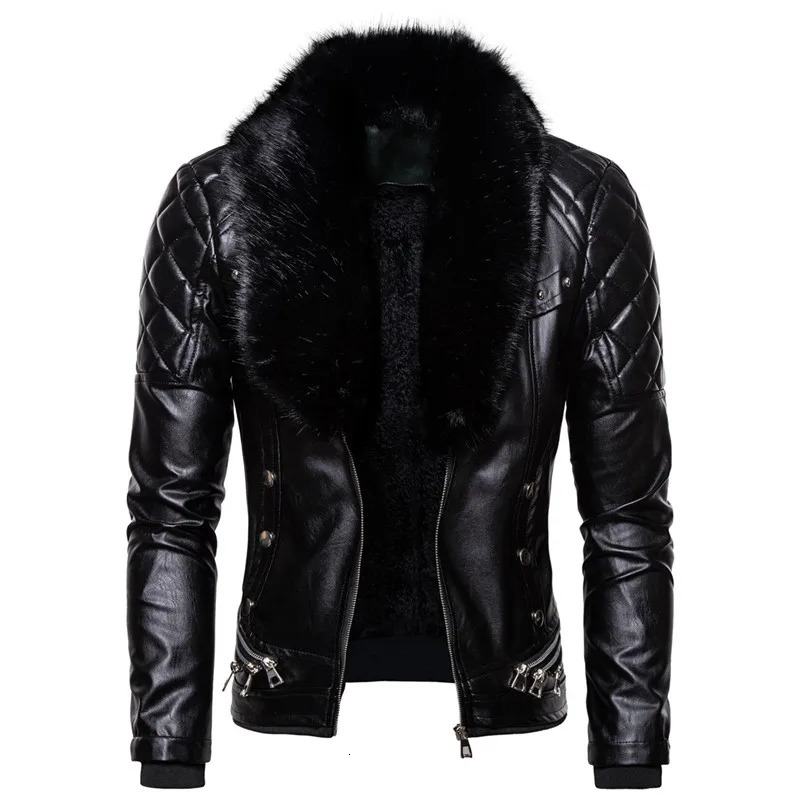 Red Mens punk removable fur collar rivets pressed cotton thick windproof motorcycle leather jacket 241220