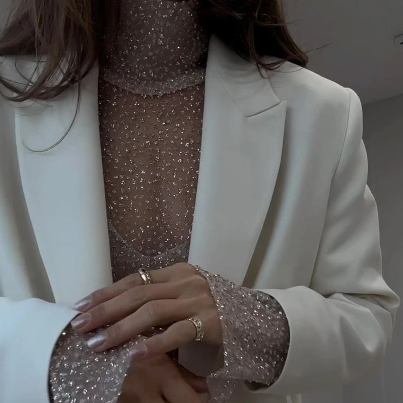 Elegant Turtleneck Sequin Shiny Party Blouse Women Spring See Through Mesh Lace Top Summer Lantern Sleeve Office Lady Shirt 241218