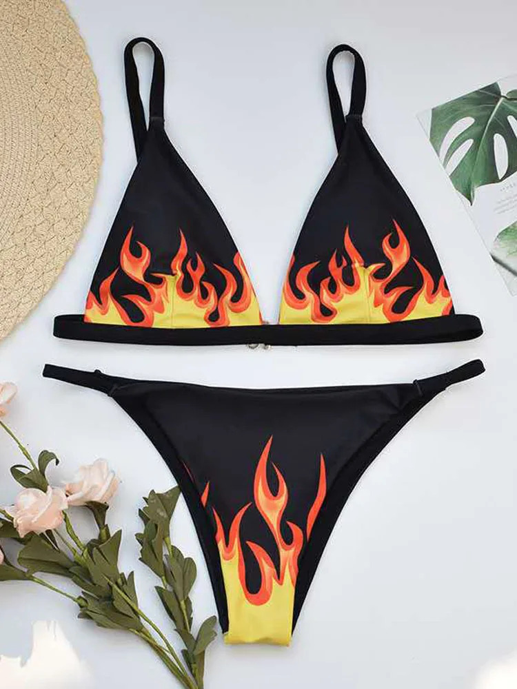 Fire Print Sexy Women's Swimsuit Push Up Plaid Swimsuit Brazilian Bikini Designer Set Swimsuit