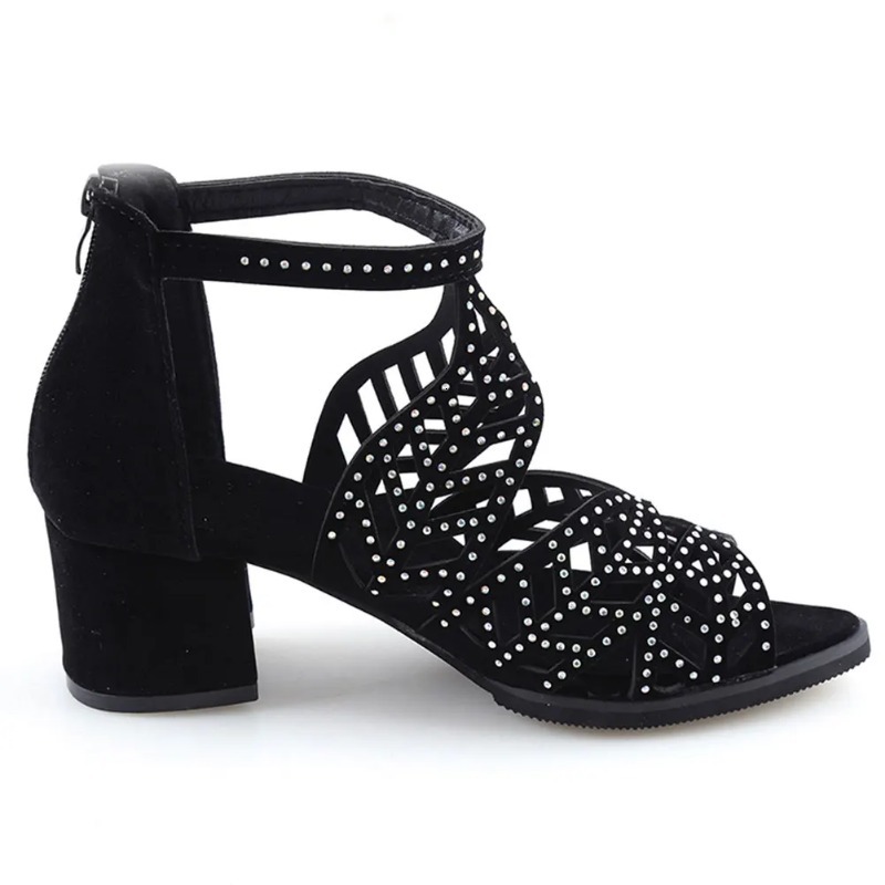 2024 New Style Women Summer Hollow Out Faux Leather Rhies Thick Heel Zipper Sandals Shoes Eur 35-41
