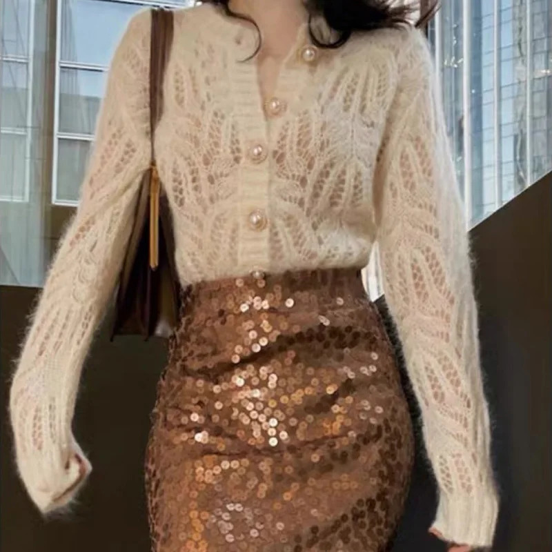 Short O Neck Pearl Buckle White Hollow Out Thin Women Knitted Cardigan Fashion French Casual Loose Lady Sweater Tops Jumper 7620 241220