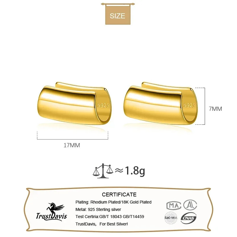 TrustDavis Real 925 Sterling Silver Smooth Surface Ear Cuff Clip on Earrings For Women Wedding Party Fine S925 Jewelry DA1794 241220