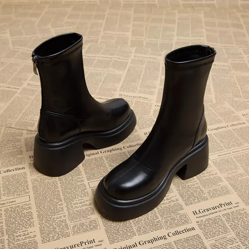 Black platform womens ankle boots fashionable soft leather shoes autumn thick boots womens short boots 241213