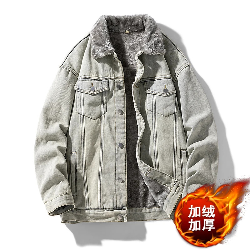 Winter Plush and Thickened Fashionable Distressed Washed Denim Jacket Autumn Loose Casual Versatile Top Trend Jacket 241216