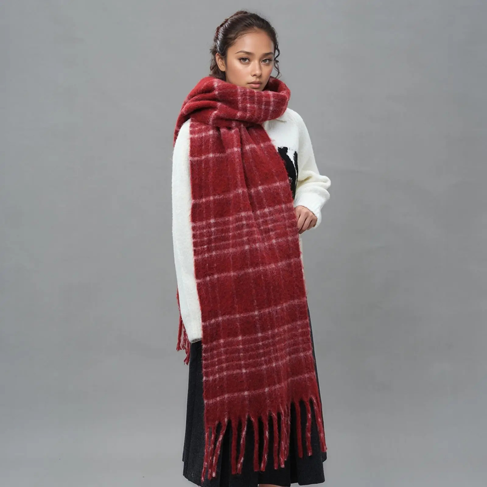 Plaid Scarf With Wool Tassel Winter Mohair Warm Scarves For Men And Women 200*37CM 241220