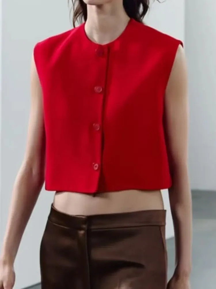 TRAFZA Women Vintage Solid Short Vest Single Breasted O Neck Sleeveless Slim Waistcoat Basic Office Lady Outerwear Red Vests 241220
