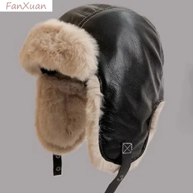 Winter mens pilot bomber trap hat artificial fur soft leather snow hat windproof Lei Feng hat with ear flaps 241220
